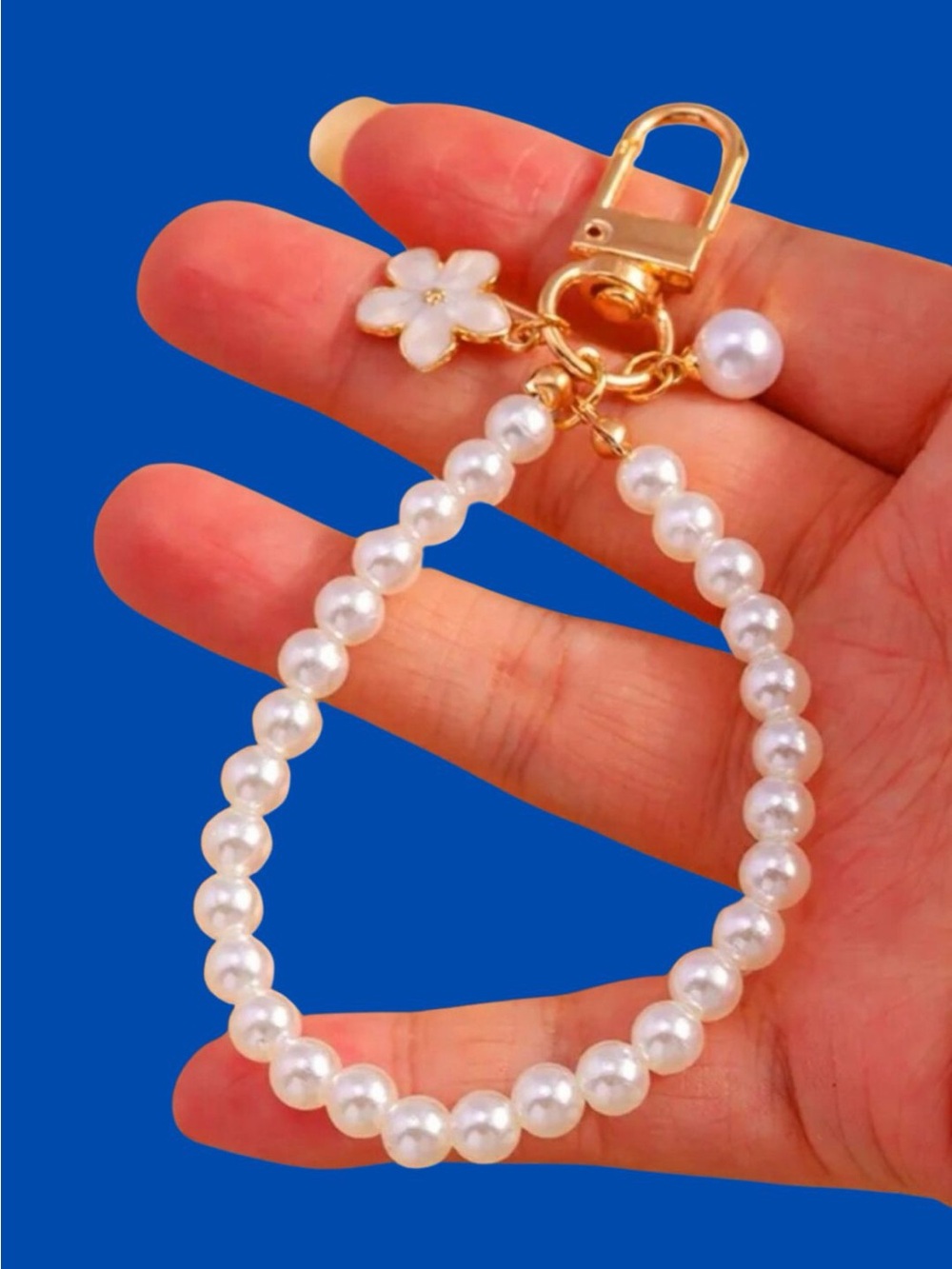 Pearl Beaded Wristlet Strap Keychain White Flower Charm